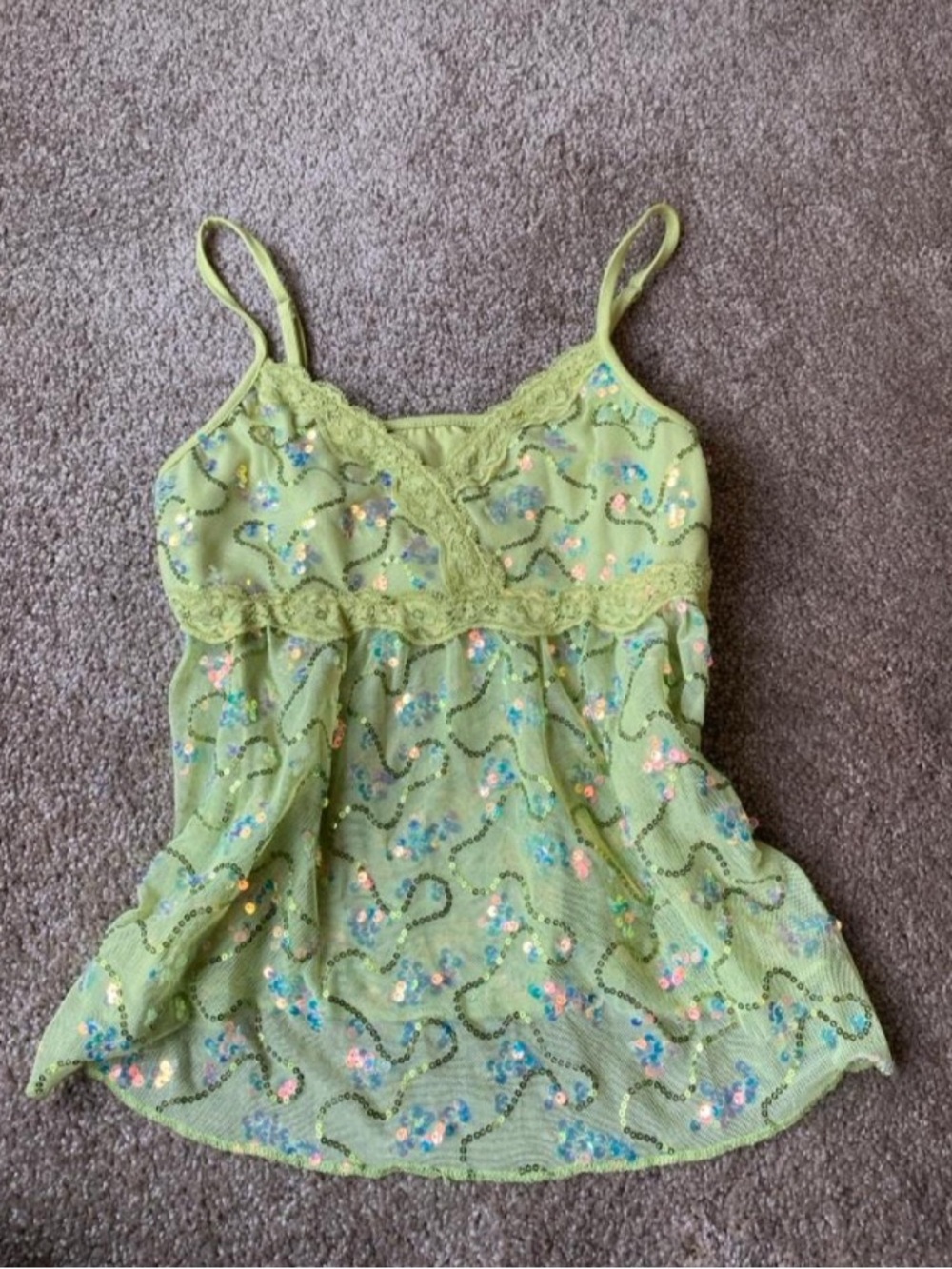 Lace-Trim Green Sequin Cami Tank Top